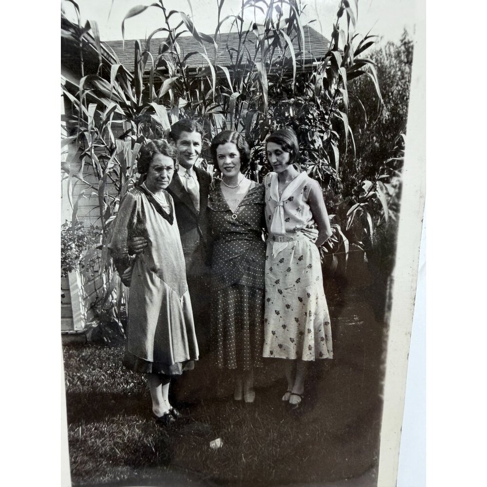Vintage Found Photo Family Portrait Outdoors Corn Stalks Farmhouse 1930s